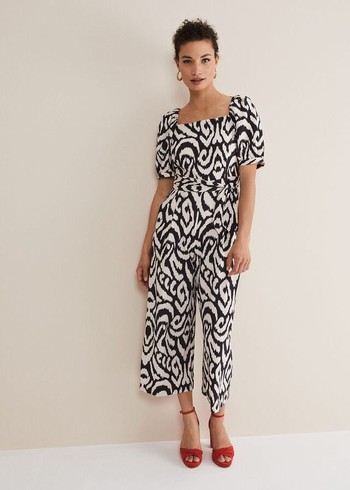 Phase Eight Sara Ikat Wide Leg Jumpsuit Black/Cream Australia | YI7306895